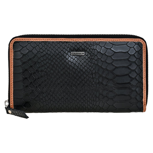 Lizard Pattern Black with Tan Grain Leather Zip Around Clutch