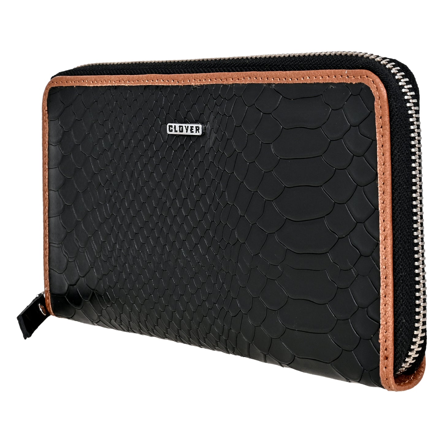 Lizard Pattern Black with Tan Grain Leather Zip Around Clutch