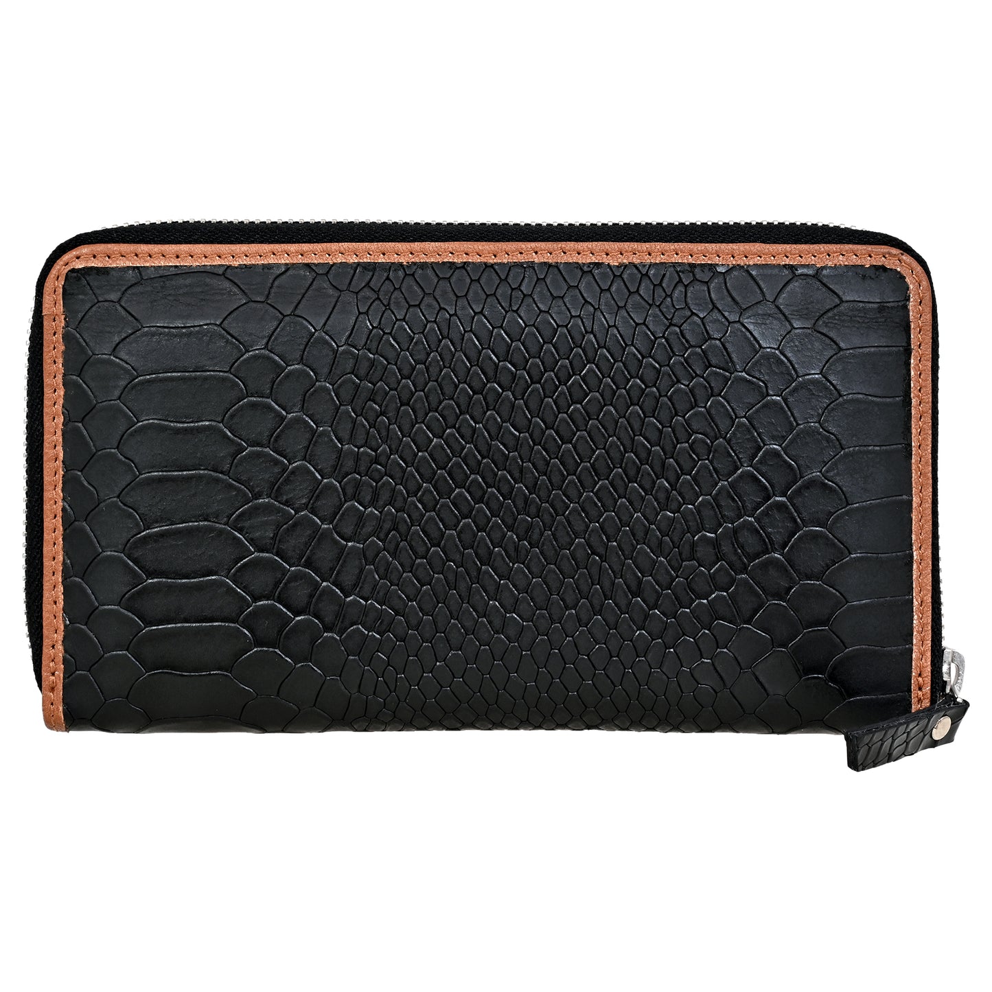 Lizard Pattern Black with Tan Grain Leather Zip Around Clutch