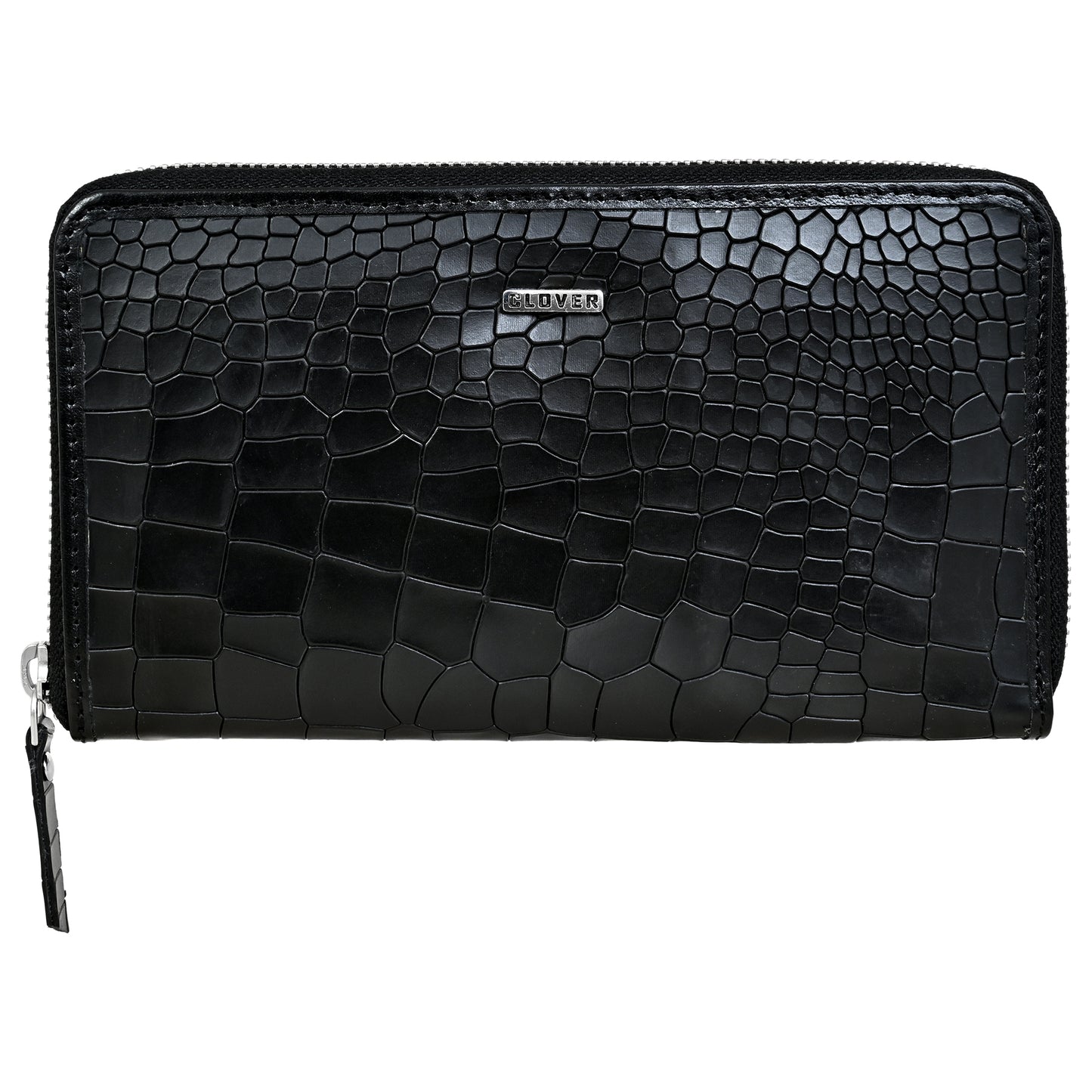 Croco Pattern Black Grain Leather Zip Around Clutch