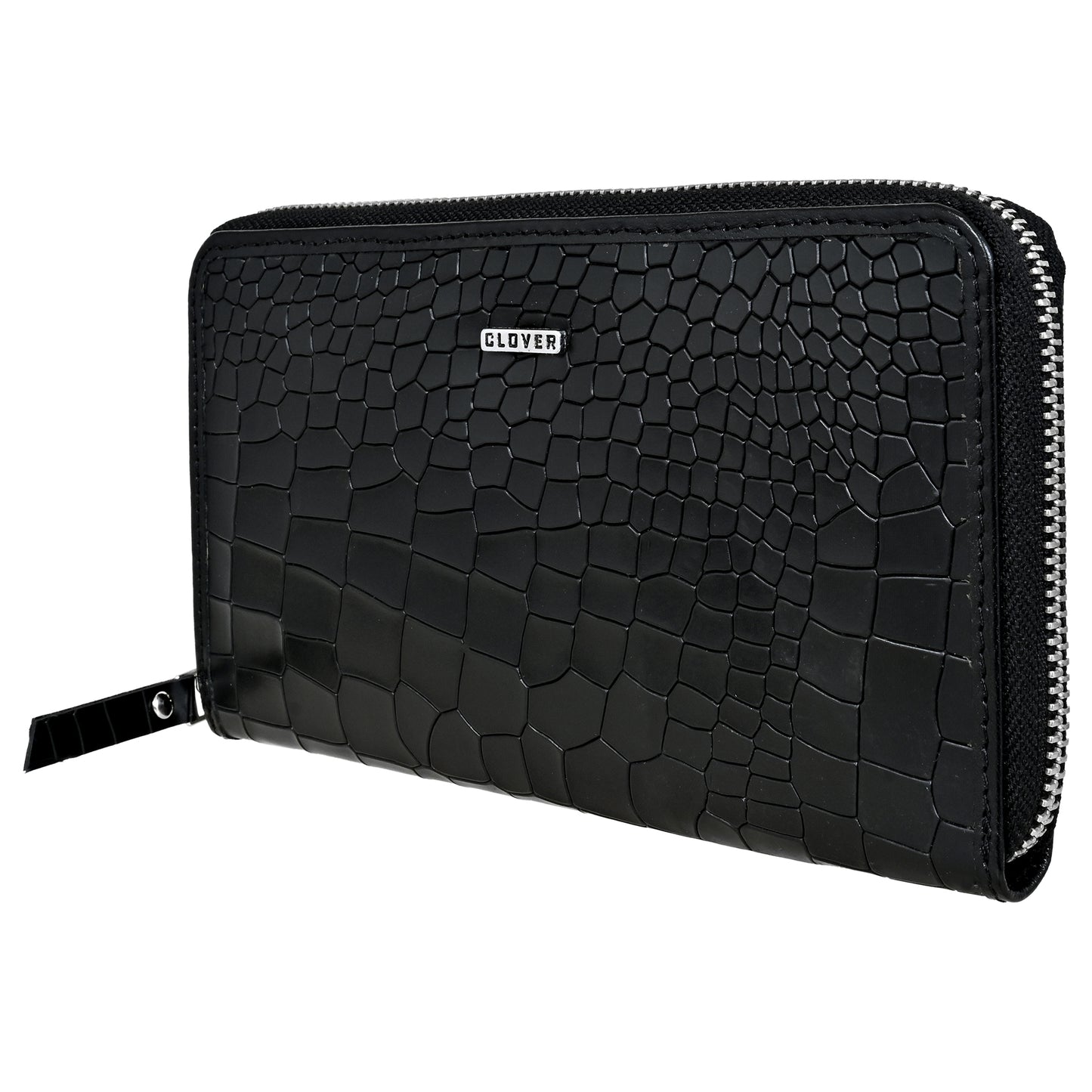 Croco Pattern Black Grain Leather Zip Around Clutch