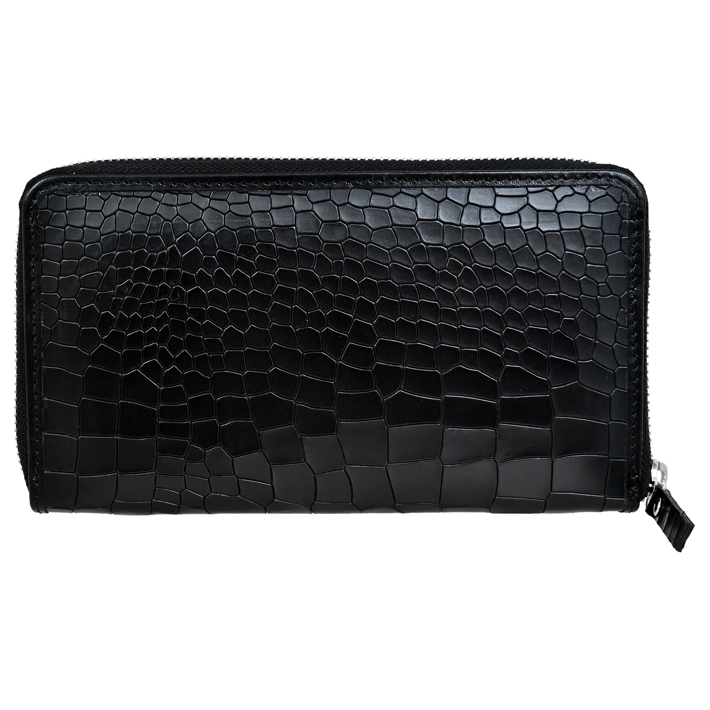 Croco Pattern Black Grain Leather Zip Around Clutch