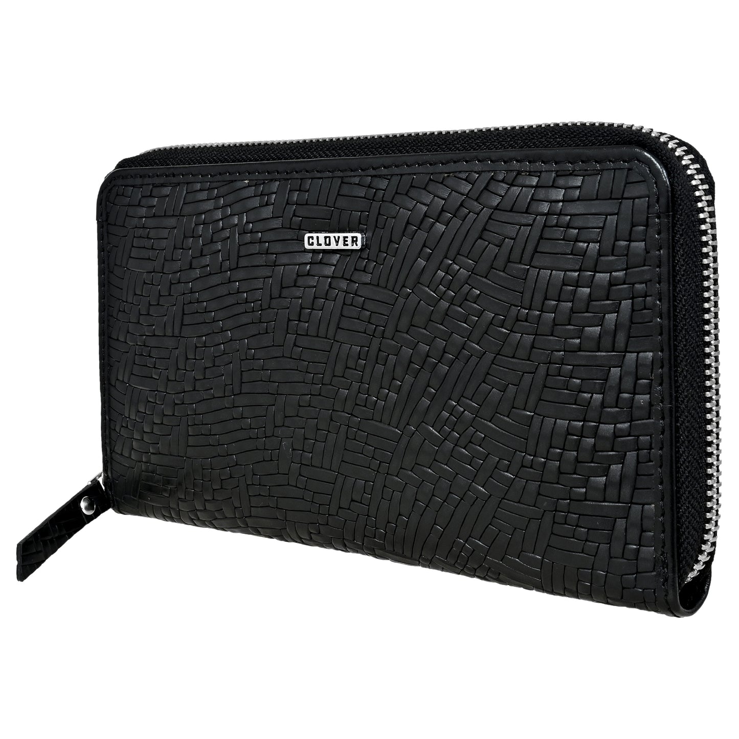 Mat Pattern Black Grain Leather Zip Around Clutch