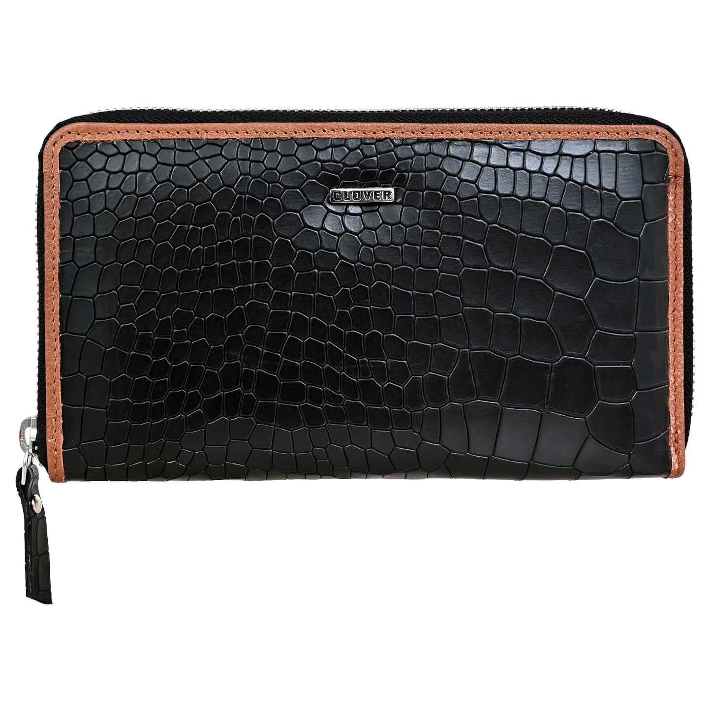 Croco Pattern Black with Tan Grain Leather Zip Around Clutch