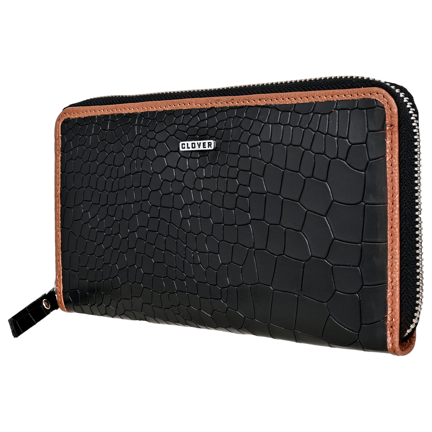 Croco Pattern Black with Tan Grain Leather Zip Around Clutch