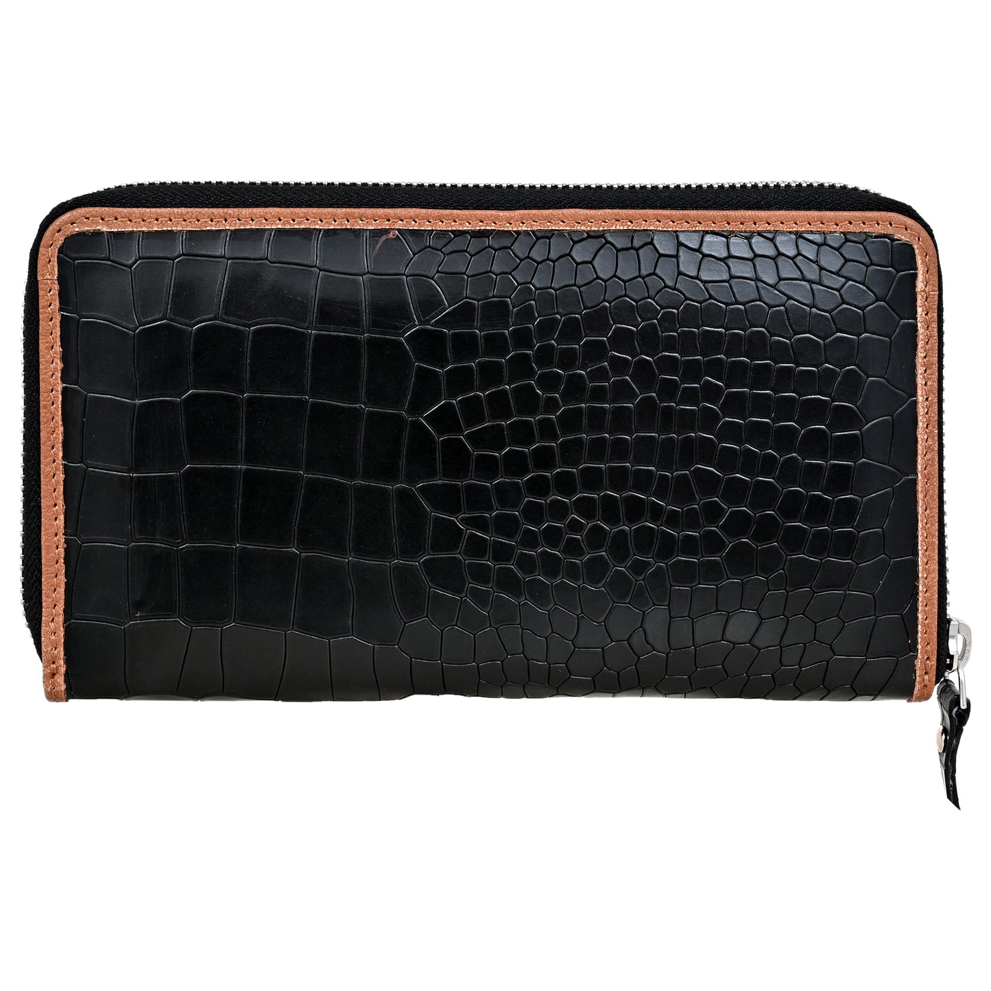 Croco Pattern Black with Tan Grain Leather Zip Around Clutch