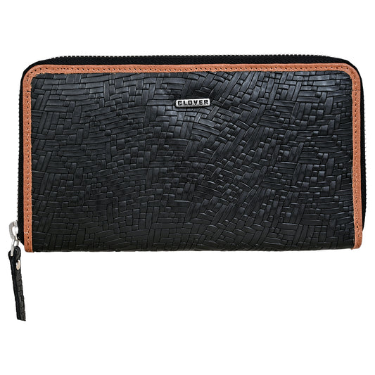 Mat Pattern Black with Tan Grain Leather Zip Around Clutch