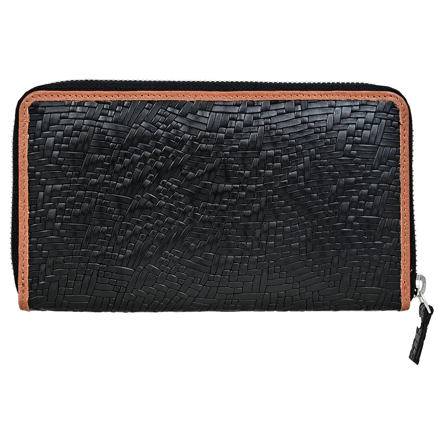 Mat Pattern Black with Tan Grain Leather Zip Around Clutch