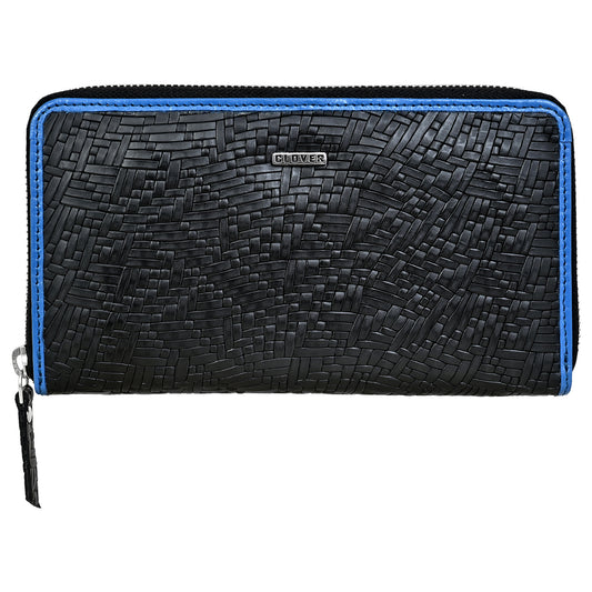 Mat Pattern Black with Blue Grain Leather Zip Around Clutch