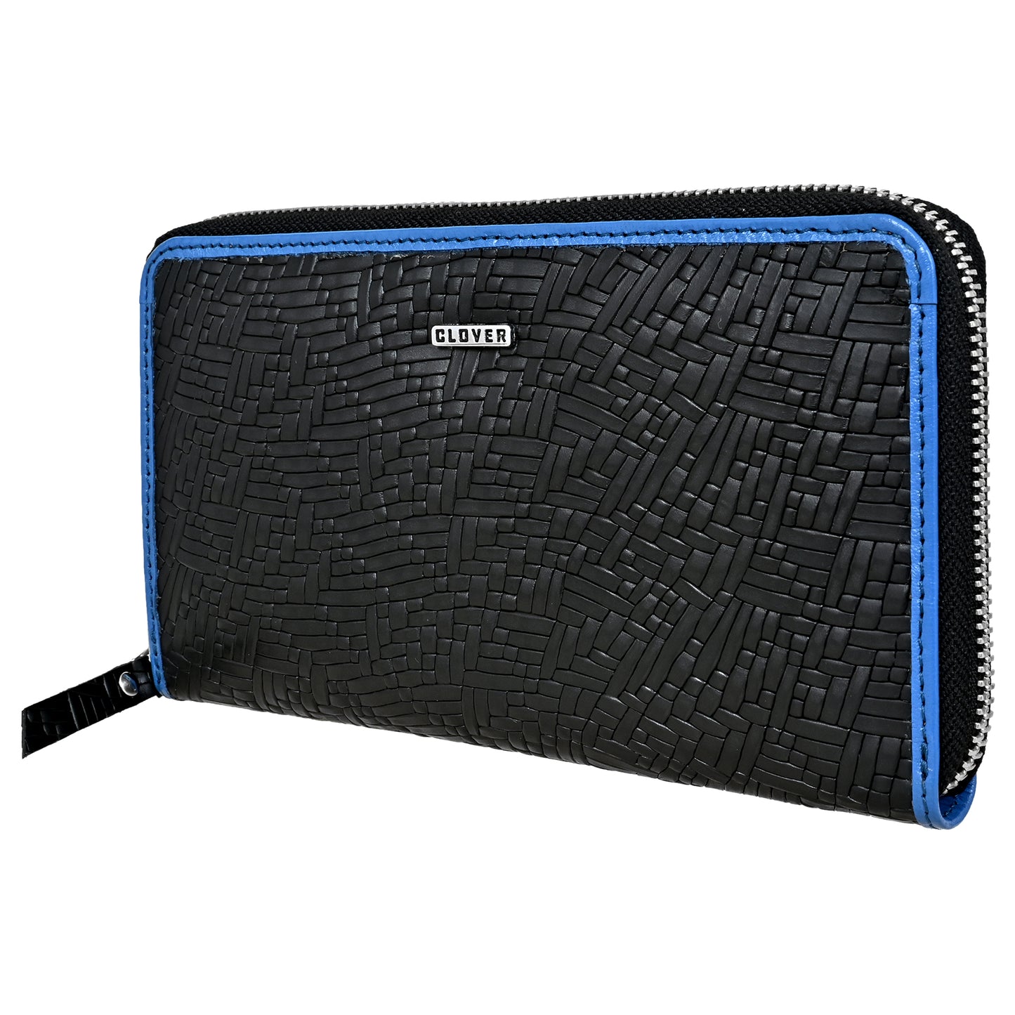 Mat Pattern Black with Blue Grain Leather Zip Around Clutch