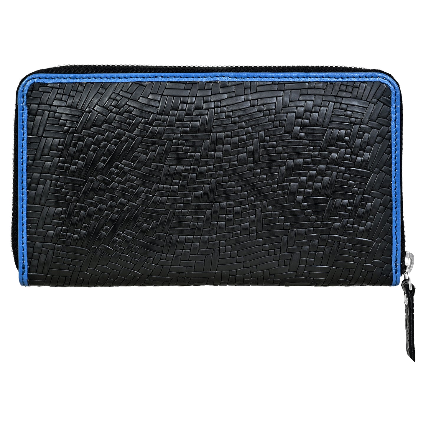 Mat Pattern Black with Blue Grain Leather Zip Around Clutch