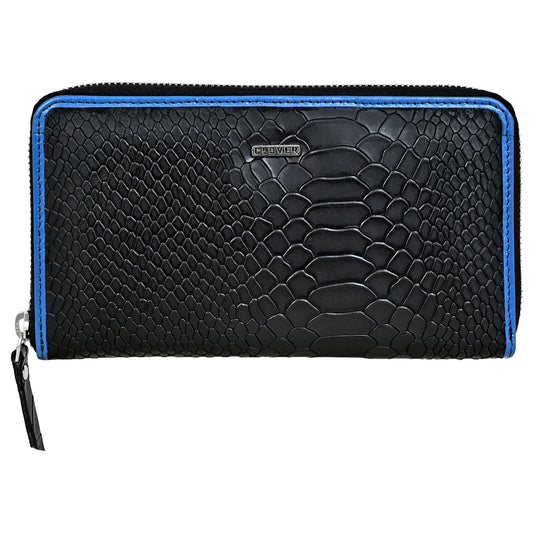 Lizard Pattern Black with Blue Grain Leather Zip Around Clutch