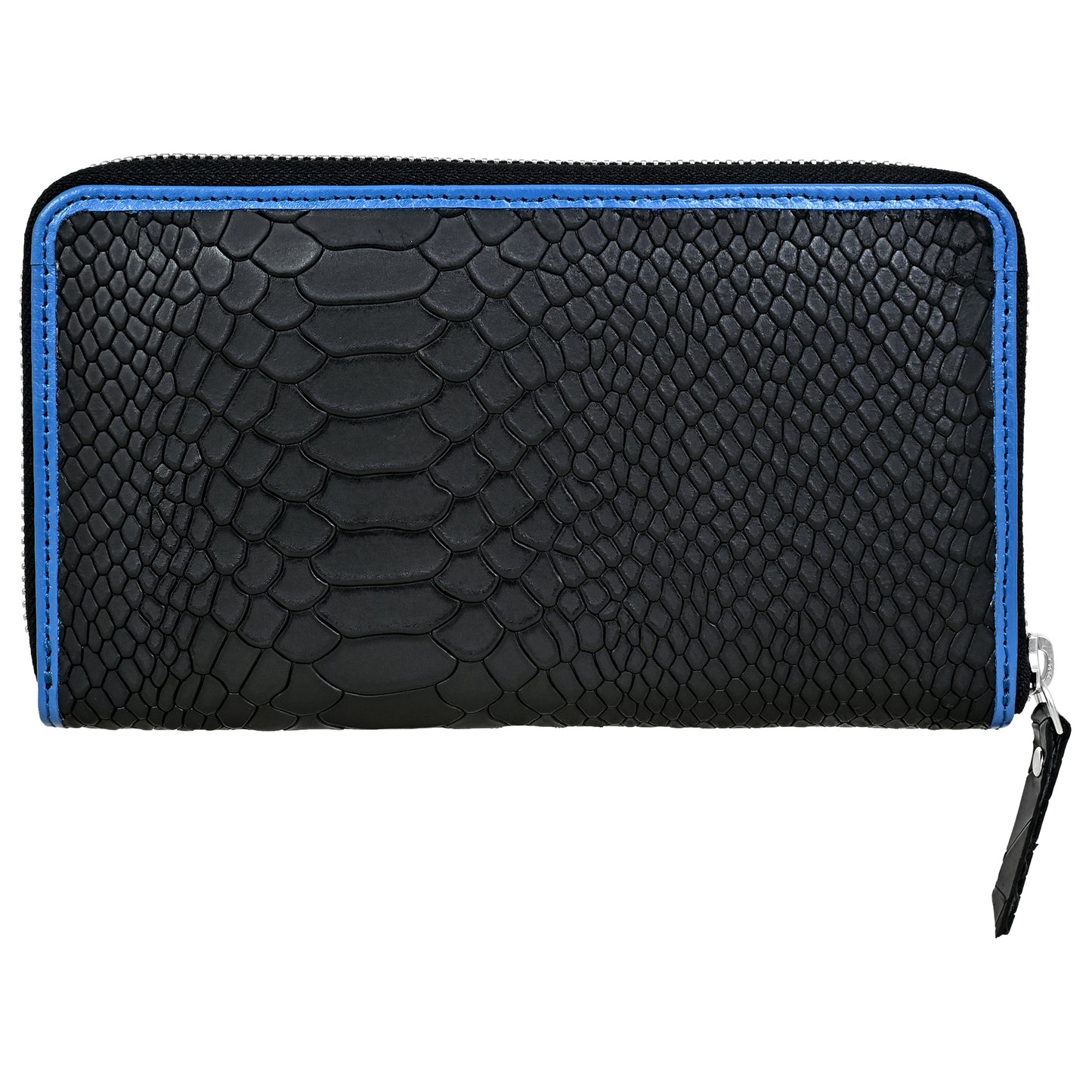 Lizard Pattern Black with Blue Grain Leather Zip Around Clutch