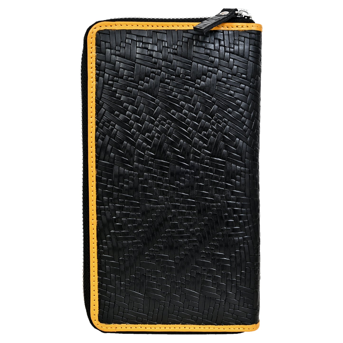 Mat Pattern Black with Yellow Grain Leather Zip Around Clutch