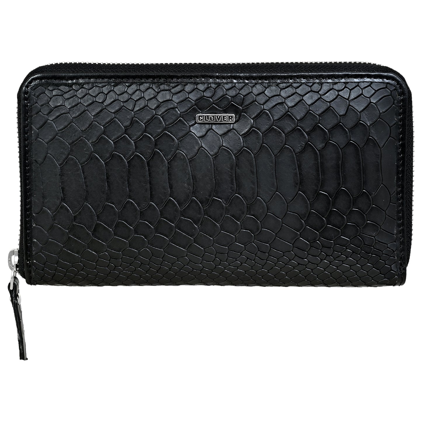 Lizard Pattern Black Grain Leather Zip Around Clutch