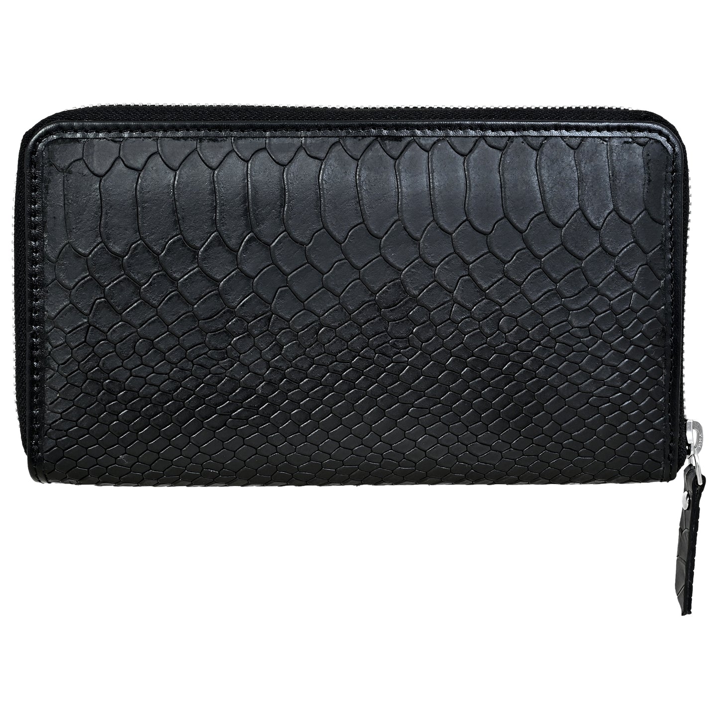 Lizard Pattern Black Grain Leather Zip Around Clutch