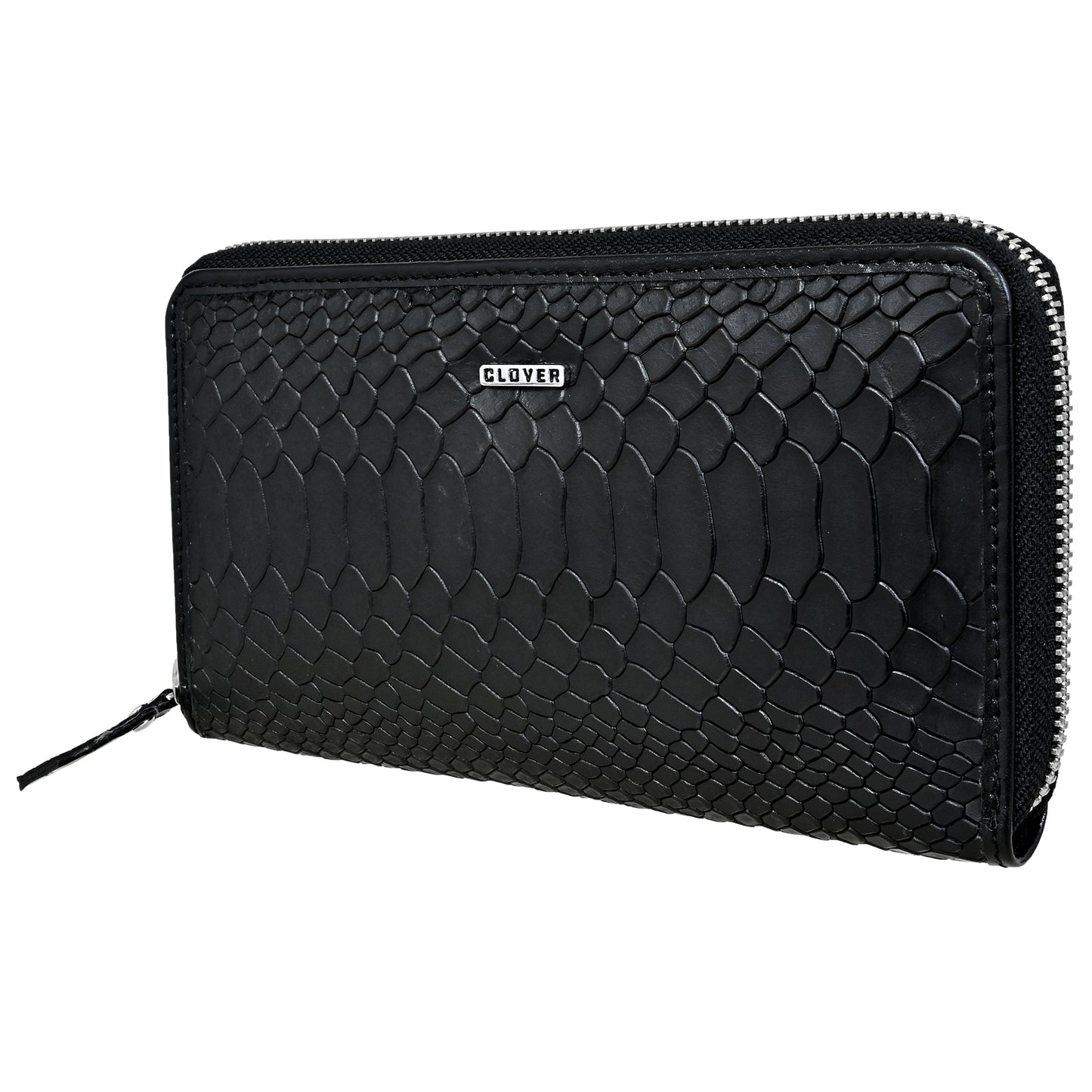 Lizard Pattern Black Grain Leather Zip Around Clutch