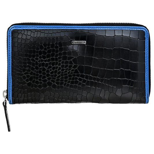 Croco Pattern Black with Blue Grain Leather Zip Around Clutch