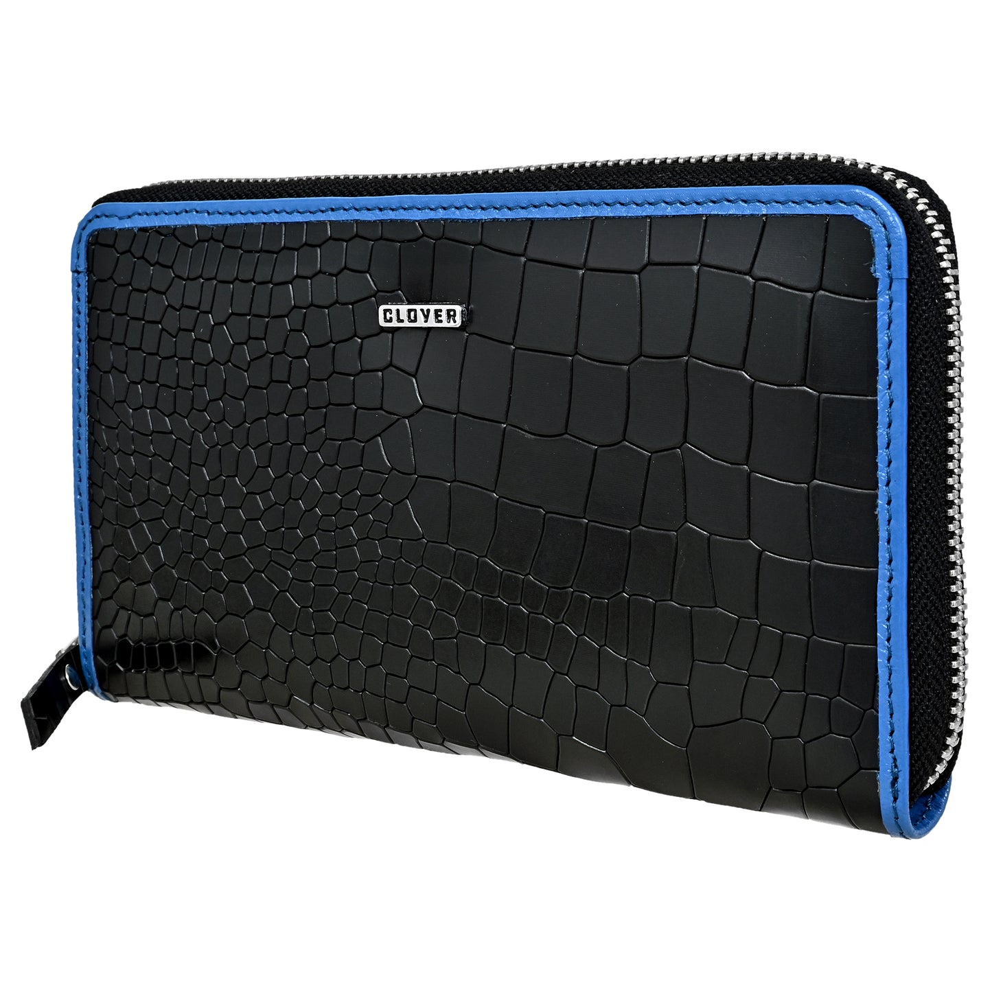 Croco Pattern Black with Blue Grain Leather Zip Around Clutch