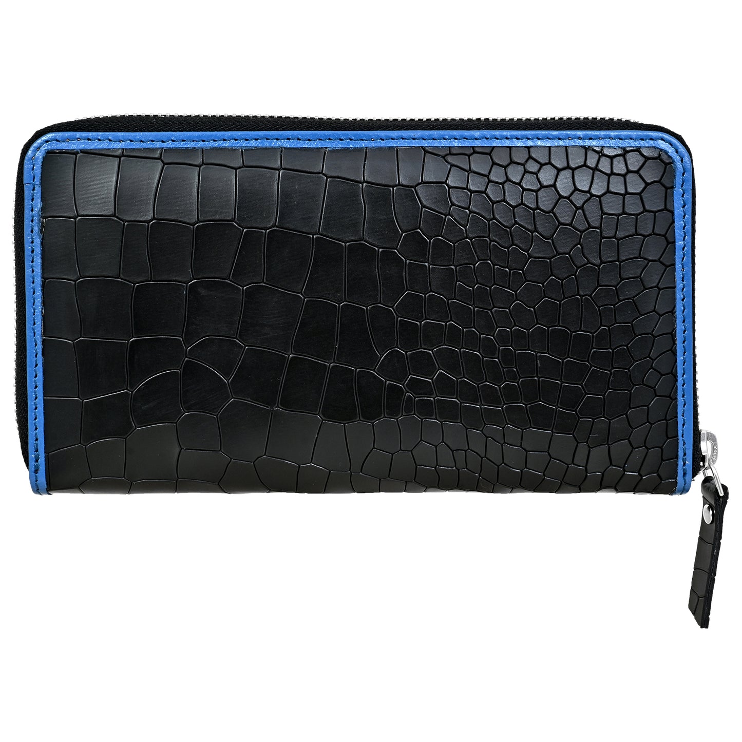 Croco Pattern Black with Blue Grain Leather Zip Around Clutch