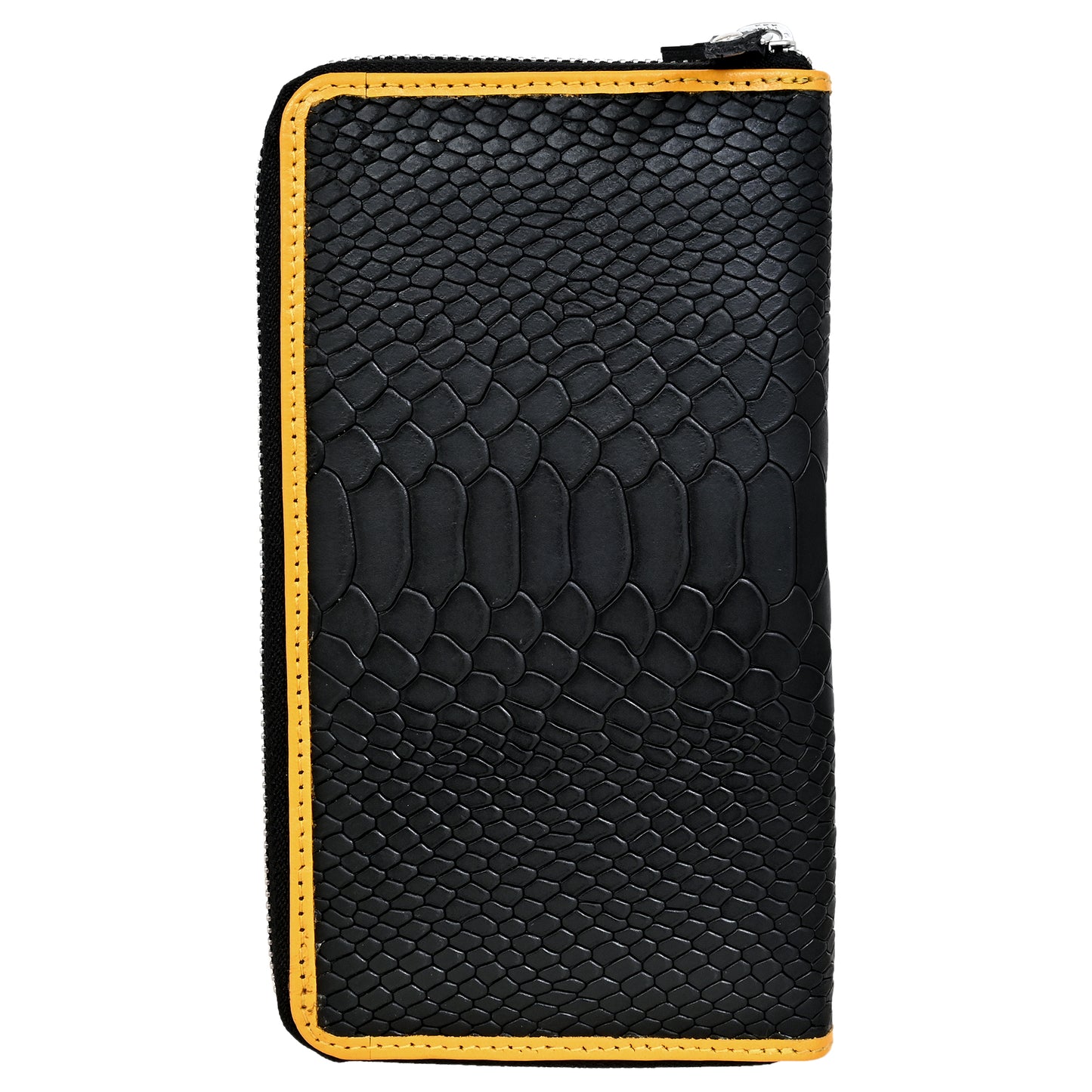 Lizard Pattern Black with Yellow Grain Leather Zip Around Clutch