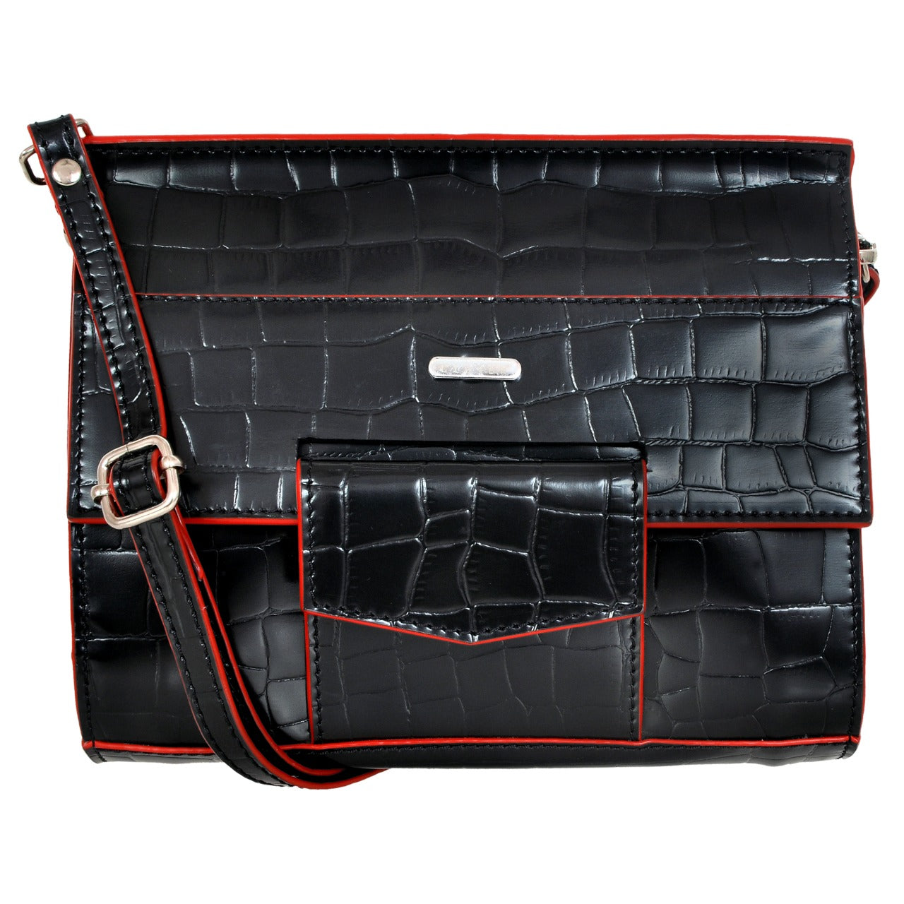 CLOVER Leather Sling Bag for Women (Black Patent Croco Finish with Red Edges)